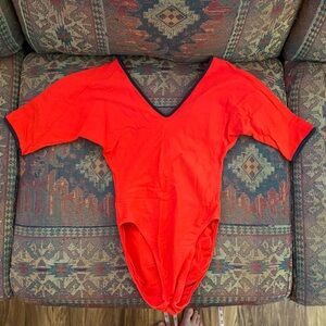 Vintage Red V-Neck Women's Leotard Bodysuit